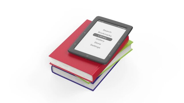 Falling colorful books and e-book reader on white background