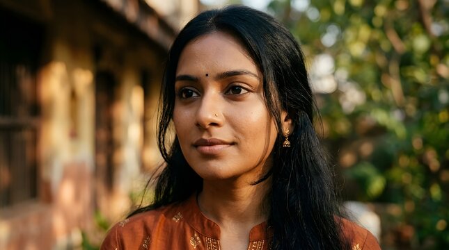 Close-up portrait of a young Indian woman with medium brown skin, dark expressive eyes, long black hair, subtle traditional-inspired jewelry, natural makeup, serene confident expression.