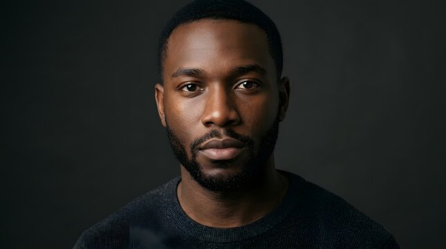 Close-up portrait of a young Black man with dark skin, short natural hair, neatly groomed beard, deep brown eyes, confident serious expression, dramatic soft studio lighting.