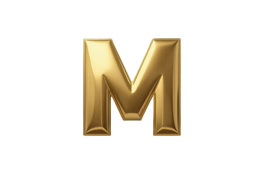 Reflective golden capital letter M with beveled edges