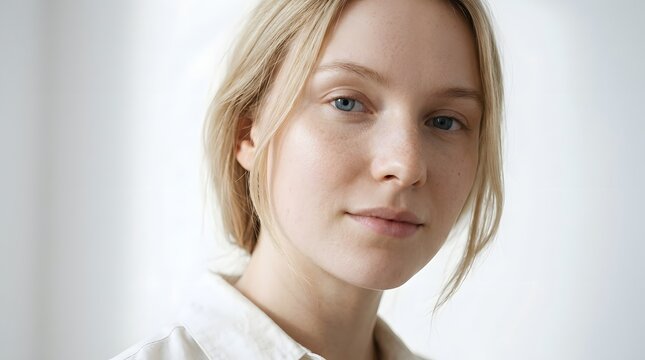 Close-up portrait of a young Scandinavian woman with fair porcelain skin, light blonde hair, blue eyes, minimal natural makeup, subtle freckles, peaceful expression, soft cool daylight.