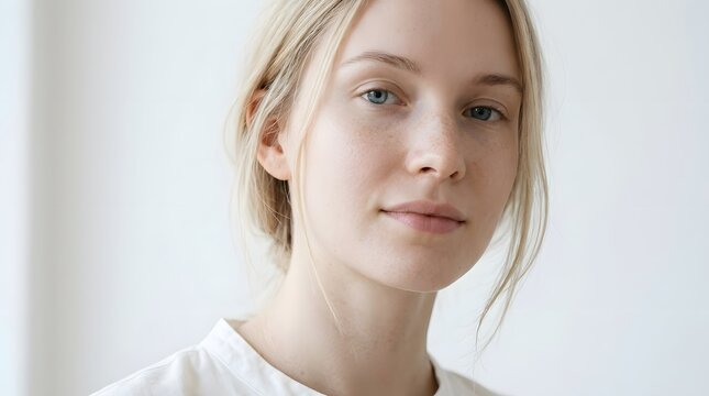 Close-up portrait of a young Scandinavian woman with fair porcelain skin, light blonde hair, blue eyes, minimal natural makeup, subtle freckles, peaceful expression, soft cool daylight.
