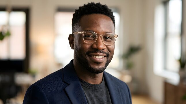 Close-up portrait of a stylish Black man with deep brown skin, short textured hair, modern transparent eyeglasses, warm smile, intelligent approachable expression.
