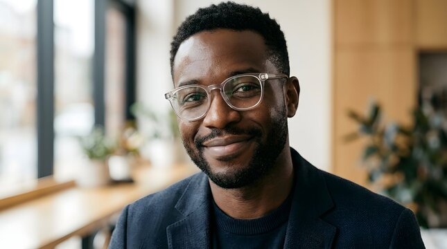Close-up portrait of a stylish Black man with deep brown skin, short textured hair, modern transparent eyeglasses, warm smile, intelligent approachable expression.