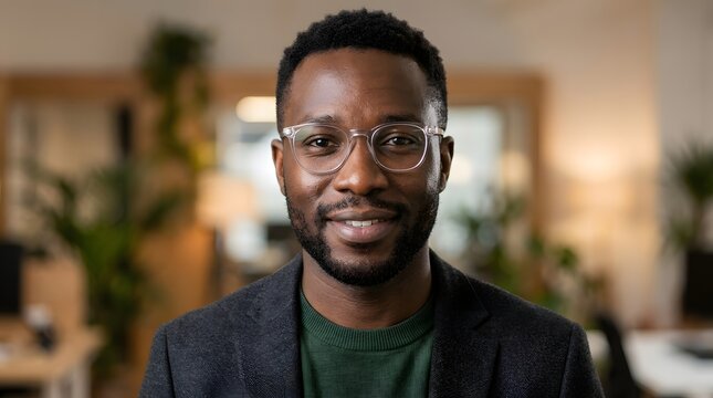 Close-up portrait of a stylish Black man with deep brown skin, short textured hair, modern transparent eyeglasses, warm smile, intelligent approachable expression.