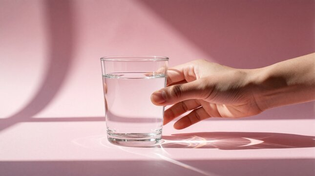 Human hand reaches for clear glass of water on pink background. Minimalist lifestyle shot shows thirst relief, hydration. Person grabs fresh liquid drink in bright light. Simple aesthetic concept for