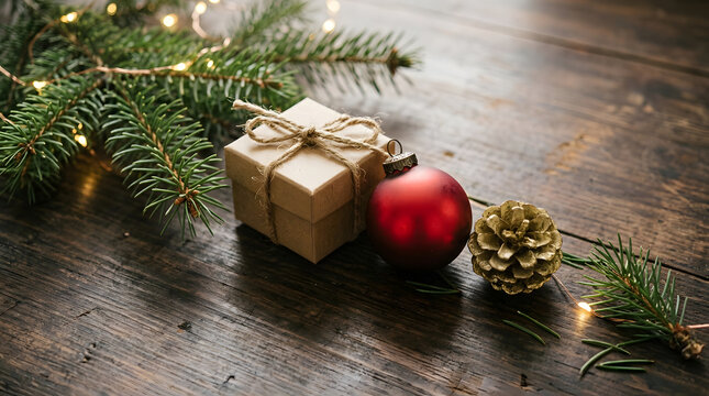 Beautiful christmas gift box decorated with red ornament bauble and pine branch on wood