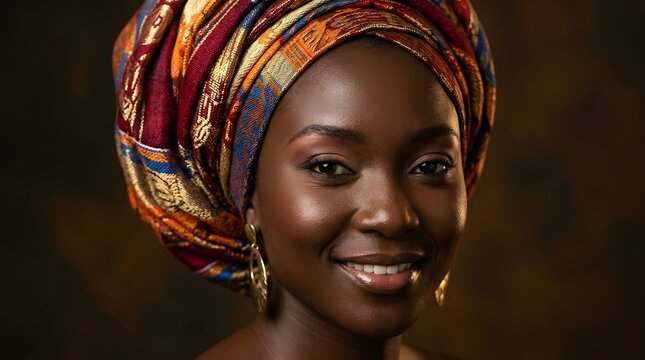 Close-up portrait of a beautiful African woman with deep dark skin, vibrant colorful fabric headwrap, expressive dark eyes, elegant natural makeup, confident joyful expression.