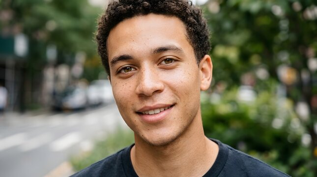 Close-up portrait of a young mixed-ethnicity man with light brown skin, short curly hair, visible natural freckles, hazel eyes, relaxed friendly smile, natural daylight, realistic skin texture.