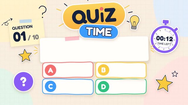 Quiz time playful paper card background animation with colorful answer cards, stopwatch sticker, doodle arrow reveal and confetti. 4k