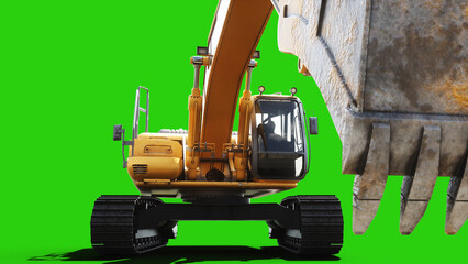Heavy Tracked Excavator Digging with Bucket on Green Screen, Animated Hydraulic Arm and Construction Machinery. 3d rendering. © 3D motion