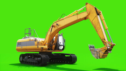Heavy Tracked Excavator Digging with Bucket on Green Screen, Animated Hydraulic Arm and Construction Machinery. 3d rendering. © 3D motion