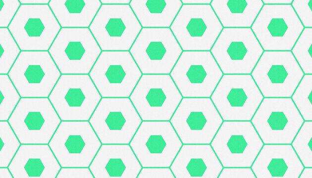 Minimal mint-green geometric pattern featuring evenly spaced hexagonal outlines and solid green centers on a clean white background.