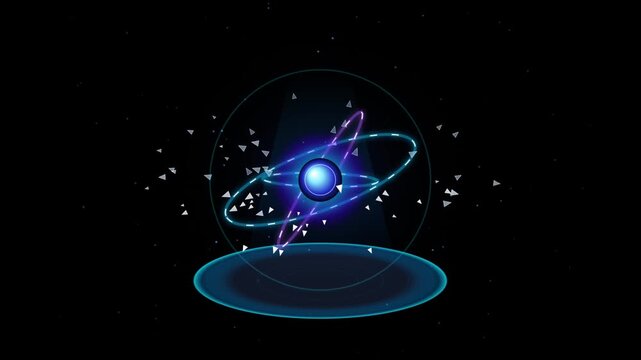 Abstract science background featuring a glowing atomic structure with orbiting rings and floating triangular particles representing energy or microscopic particle physics
