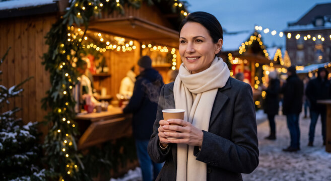 Smiling woman holding hot drink at outdoor winter market, wooden stalls with warm lights, festive evening atmosphere. Holiday season, seasonal event, travel, lifestyle.