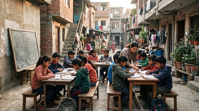 Diverse group of children studying with a teacher in an outdoor