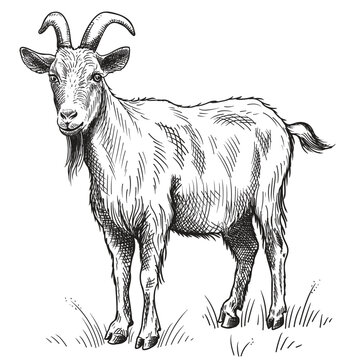 A domestic goat is standing in the grass. Pencil sketch drawing isolated on a white background.
