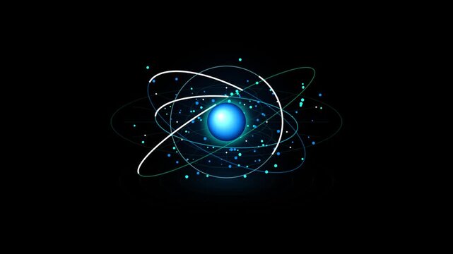Abstract scientific visualization of an atom model featuring a glowing central blue nucleus surrounded by orbiting energy rings and floating particles