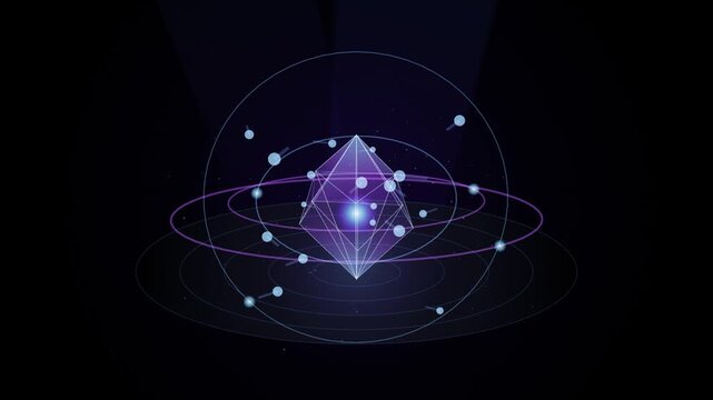 Abstract scientific visualization of an atomic structure with a glowing polyhedral crystal core surrounded by orbiting particles and light rings