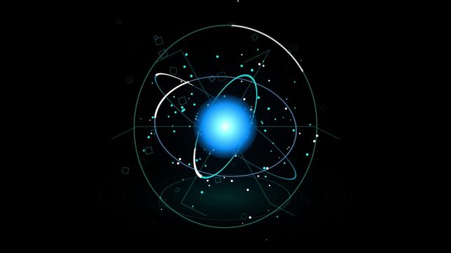 Abstract scientific visualization of an atom with a glowing central nucleus surrounded by orbiting energy rings and floating digital particles