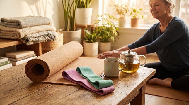 Healthy Aging Wellness Concept with Yoga Mat, Resistance Bands and Herbal Tea in Warm Natural Light
