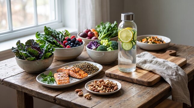 Longevity Nutrition Scene with Colorful Vegetables, Protein Foods and Hydration Bottle