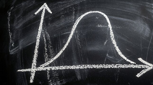 Hand drawn bell curve graph on black chalkboard with coordinate axes. White chalk drawing shows normal distribution pattern for math statistics class. Gaussian curve diagram helps explain