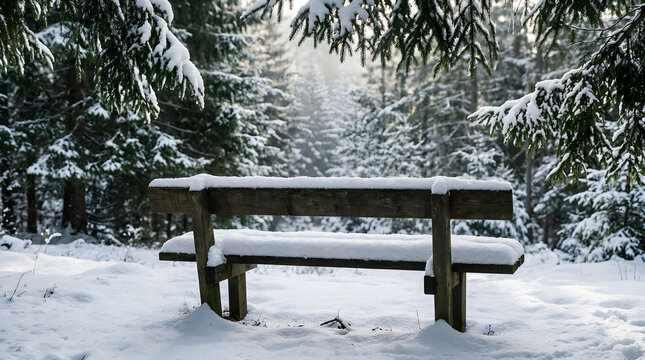 Empty wooden park bench covered in fresh white winter snow inside a dense forest landscape