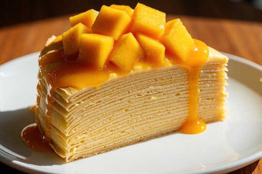 Delicious mango crepe cake slice on white plate. Layers of thin pancakes with cream filling topped with fresh mango chunks, sweet sauce. Tropical dessert served as breakfast snack in cafe. Tasty