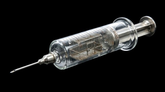 Conceptual Image of a Birdcage Inside a Medical Syringe Symbolizing Addiction and Confinement