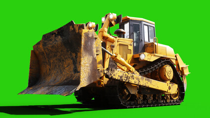 Heavy Tracked Bulldozer with Front Blade Moving on Green Screen, Animated Construction Machinery and Crawler Tracks. 3 rendering © 3D motion