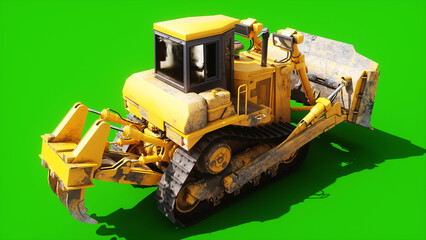Heavy Tracked Bulldozer with Front Blade Moving on Green Screen, Animated Construction Machinery and Crawler Tracks. 3 rendering © 3D motion