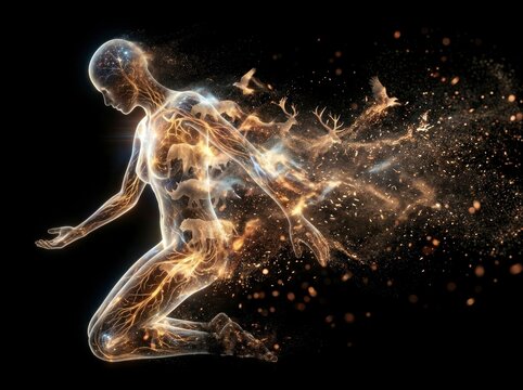 Ethereal Glowing Human Figure Representing the Interconnection of Life and Nature with Animal Spirits and Stardust
