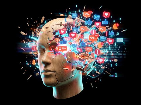 Conceptual illustration of social media addiction and information overload showing a wooden human head exploding with digital notifications, likes, and hearts.