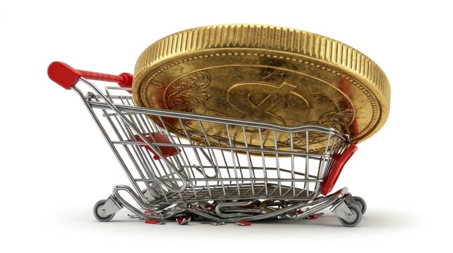 Conceptual image of a miniature shopping cart crushed by a giant gold dollar coin, representing inflation and the high cost of living.