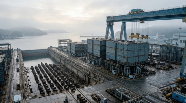 Coastal shipyard expansion with towering hull blocks, dry dock keel blocks, bridge crane, and sea mist