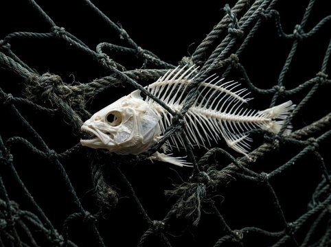 Fish Skeleton Caught in Abandoned Fishing Net Representing Ocean Pollution and Overfishing