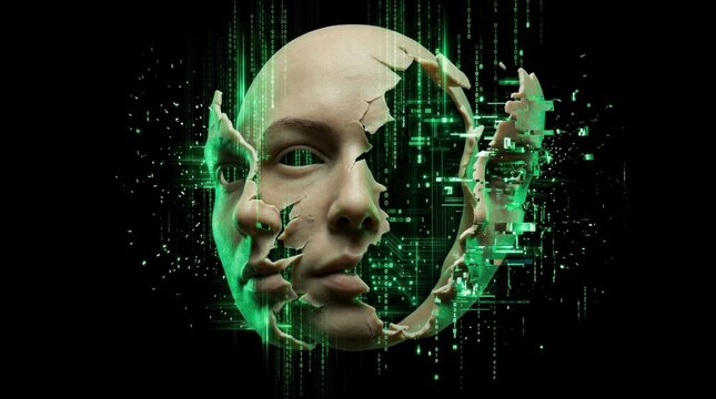 Artificial Intelligence Human Face Concept with Binary Code and Glitch Elements