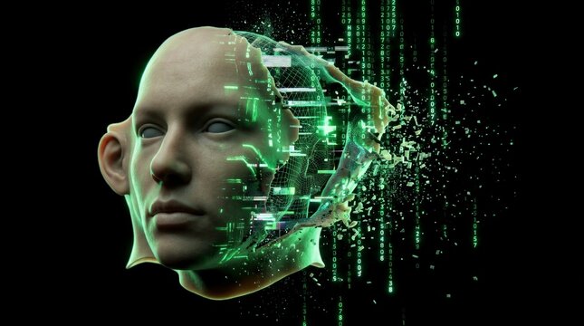 Artificial intelligence concept with human face dissolving into green digital data and binary code on black background