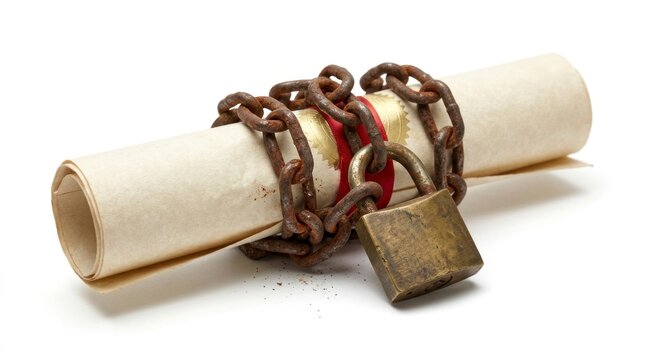 Ancient parchment scroll secured with rusty chains and a padlock, symbolizing secrecy and restricted information.