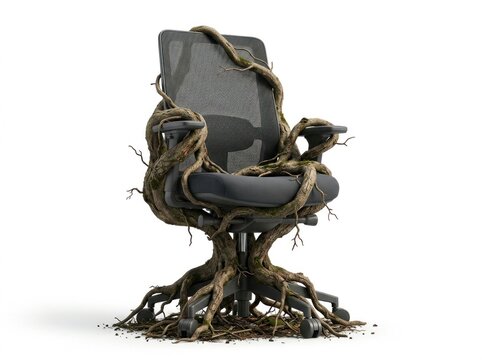 Conceptual image of a modern ergonomic office chair being overtaken and reclaimed by growing tree roots and branches