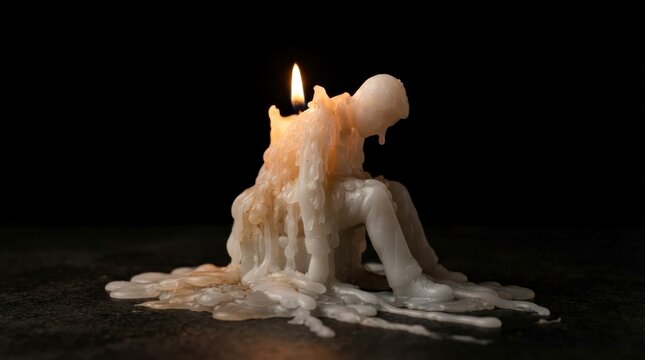 Conceptual image of a melting wax candle shaped like a seated person, symbolizing burnout, stress, and exhaustion