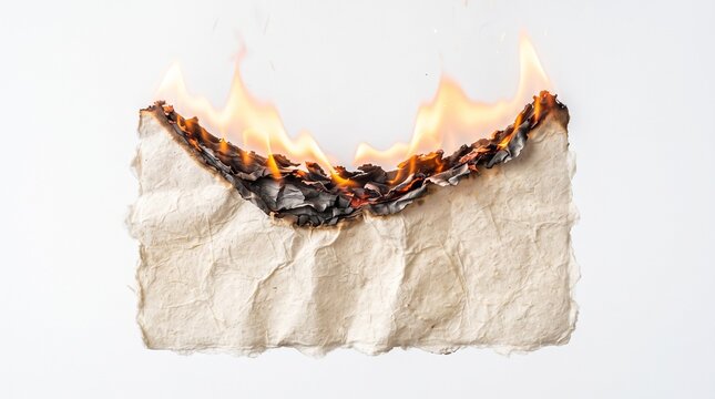 Burning paper sheet photo. A crumpled parchment note with bright flames and charred black edges on white background. High resolution photography for conceptual design and warning themes.