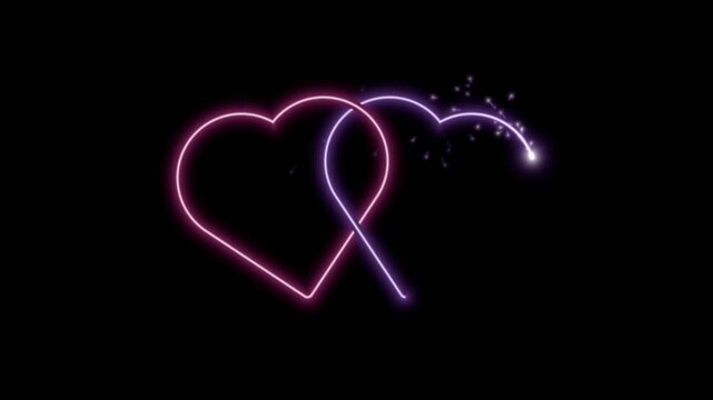 Two neon hearts drawn by a sparkling light trail interlock and glow pink and purple on a black backdrop