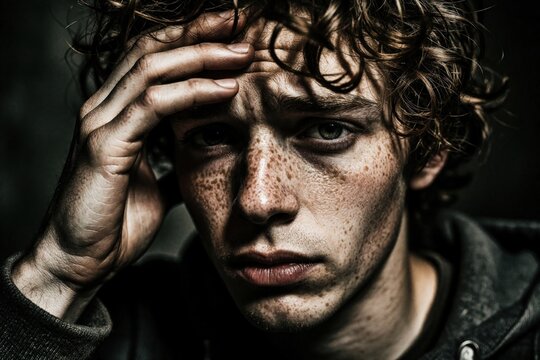 Anxious young caucasian man with curly hair, freckles looks stressed. Touches forehead with hand in dark setting. Depressed male person feels overwhelmed by work financial problems. Sad guy shows