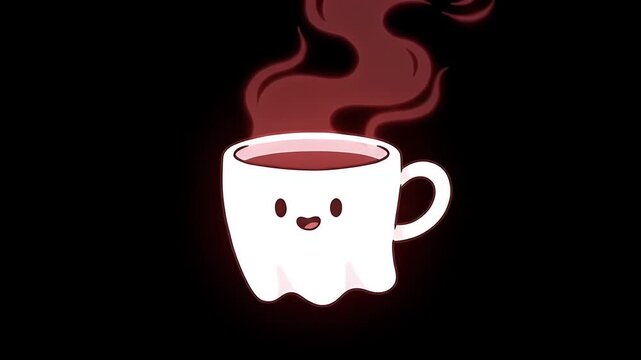 Adorable 4K Ghost Shaped Coffee Cup Steaming with Red Vapor and Glowing on a Dark Halloween Background