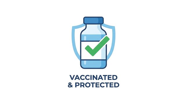 Vaccine Vial with Checkmark and Protective Shield, Vaccination Safety and Immunization Healthcare Concept, Flat Vector Illustration
