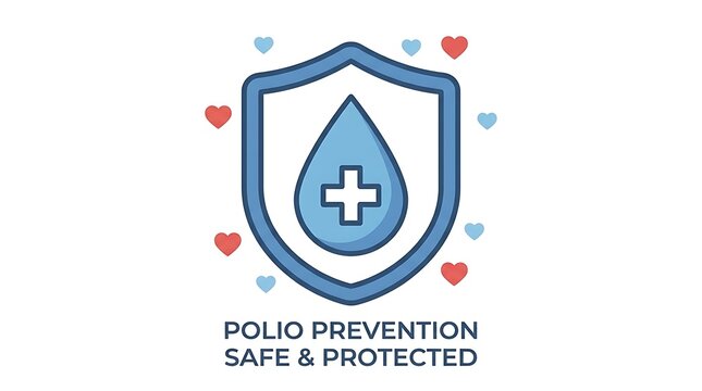 Vaccine drop symbol surrounded by a protective shield and small hearts, minimal text, clean flat vector design