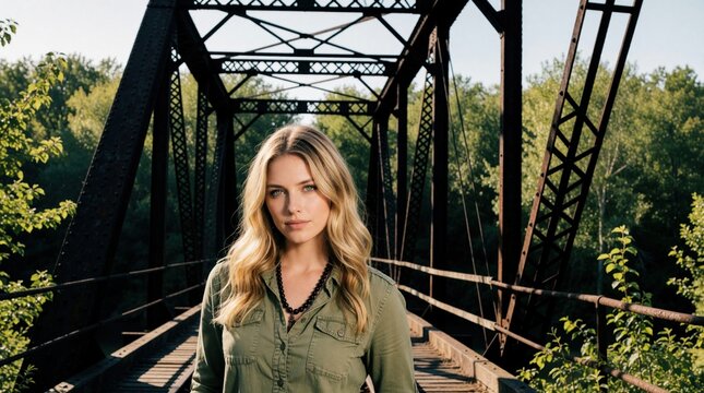 Confident young woman poses on rustic metal bridge in forest. Stylish blonde female wears olive green shirt, black necklace. Beautiful girl looks at camera with calm expression. Summer outdoor