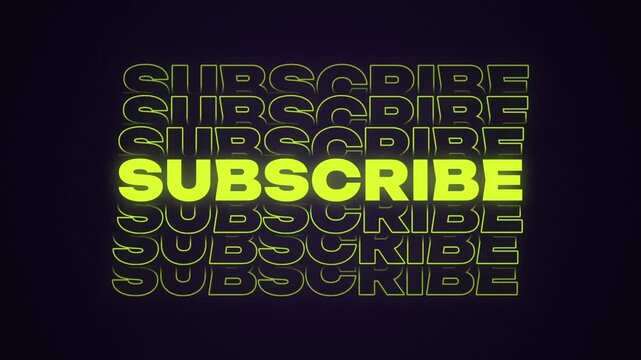 Subscribe text animation in neon yellow green with outline copies stacking above and below on dark purple